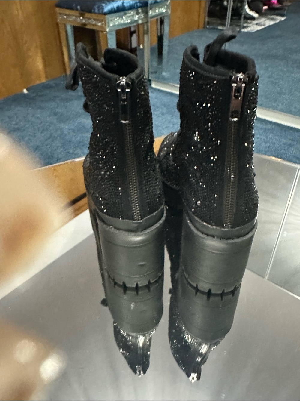 Steve Madden Black Glitter rhinestone Lace-Up Platform Combat Boots. 11 - Picture 5 of 9